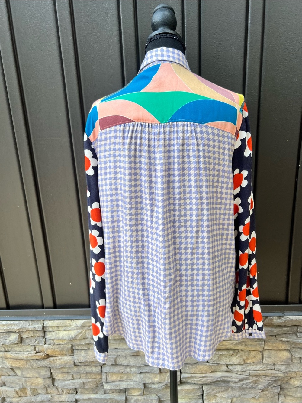 Anthropologie Colorblock Floral & Check Button-Up Blouse - Picture 6 of 7
